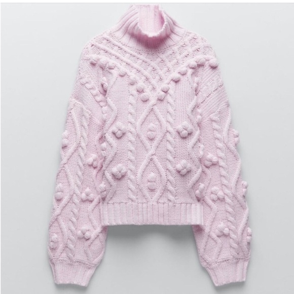 Zara Chunky Cable  Knit Pink Pom Pom Slouchy Sweater Balloon  Sleeves  Med Boho - Picture 2 of 10